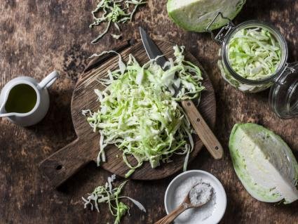 Chopped Chinese Cabbage on a chopping board